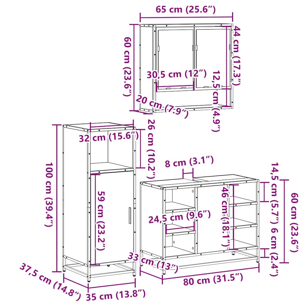 3-tlg. Badmöbel-Set Räuchereiche Holzwerkstoff