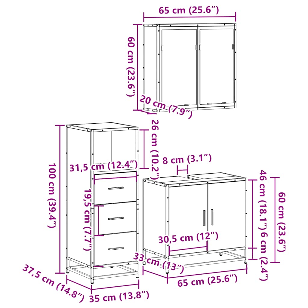 3-tlg. Badmöbel-Set Schwarz Holzwerkstoff