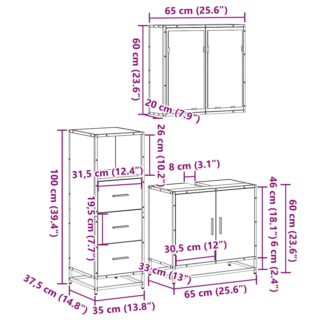 3-tlg. Badmöbel-Set Räuchereiche Holzwerkstoff