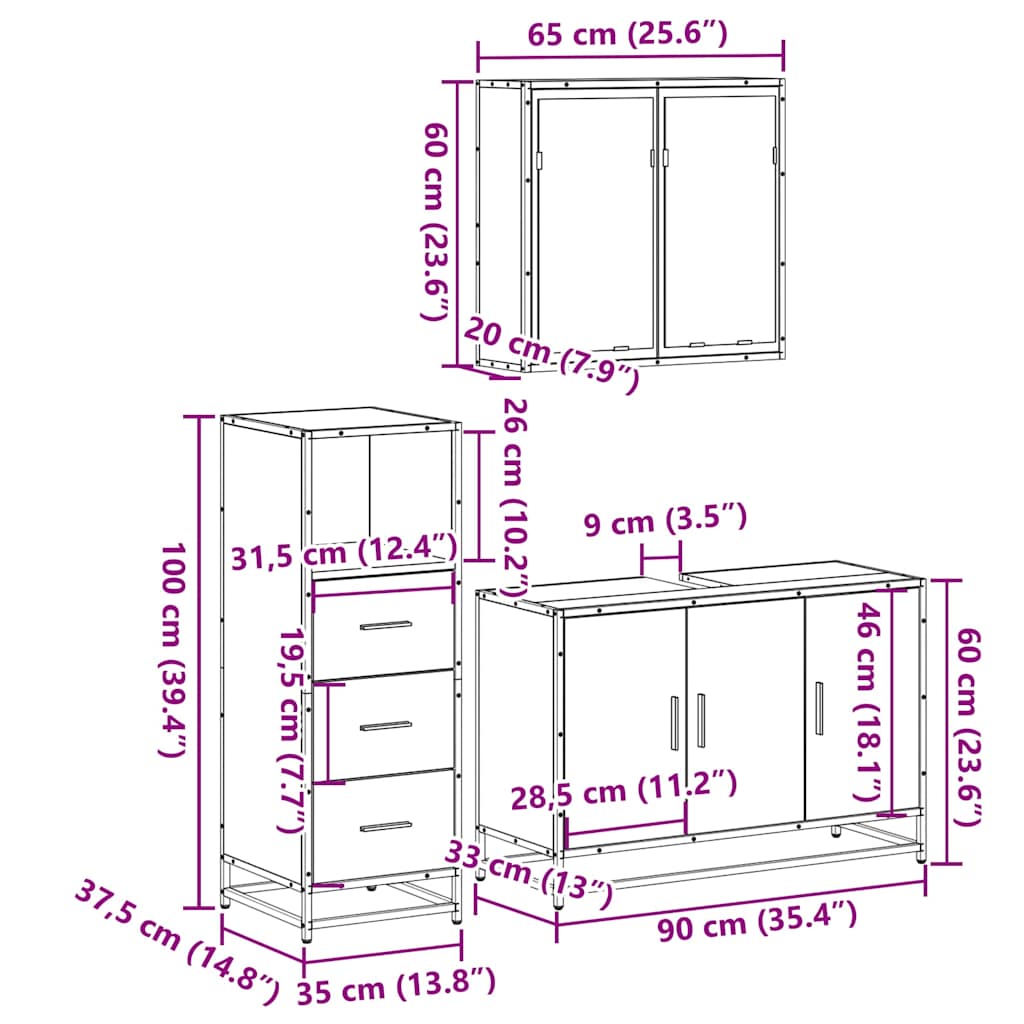 3-tlg. Badmöbel-Set Schwarz Holzwerkstoff