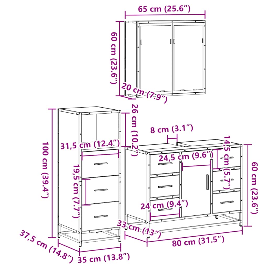 3-tlg. Badmöbel-Set Räuchereiche Holzwerkstoff