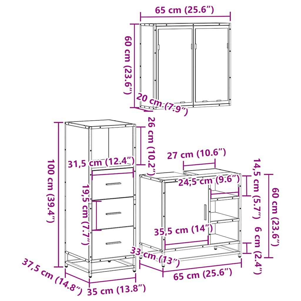 3-tlg. Badmöbel-Set Schwarz Holzwerkstoff