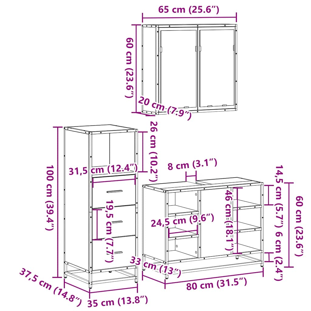 3-tlg. Badmöbel-Set Schwarz Holzwerkstoff