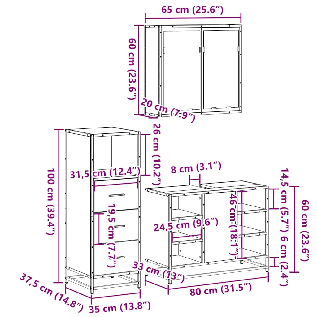 3-tlg. Badmöbel-Set Räuchereiche Holzwerkstoff