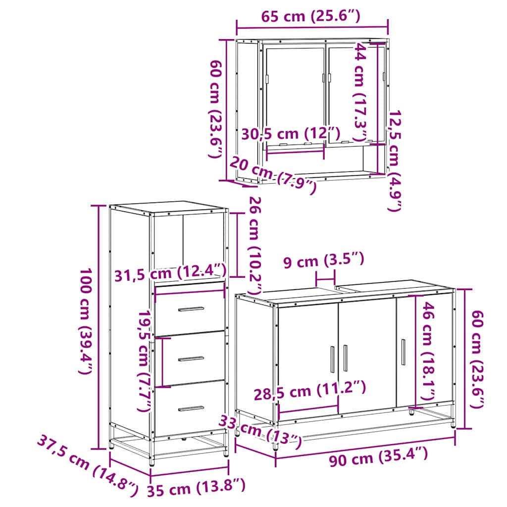 3-tlg. Badmöbel-Set Räuchereiche Holzwerkstoff