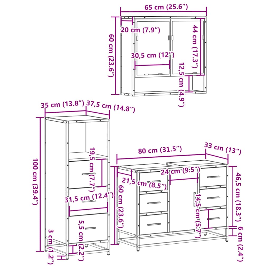 3-tlg. Badmöbel-Set Räuchereiche Holzwerkstoff