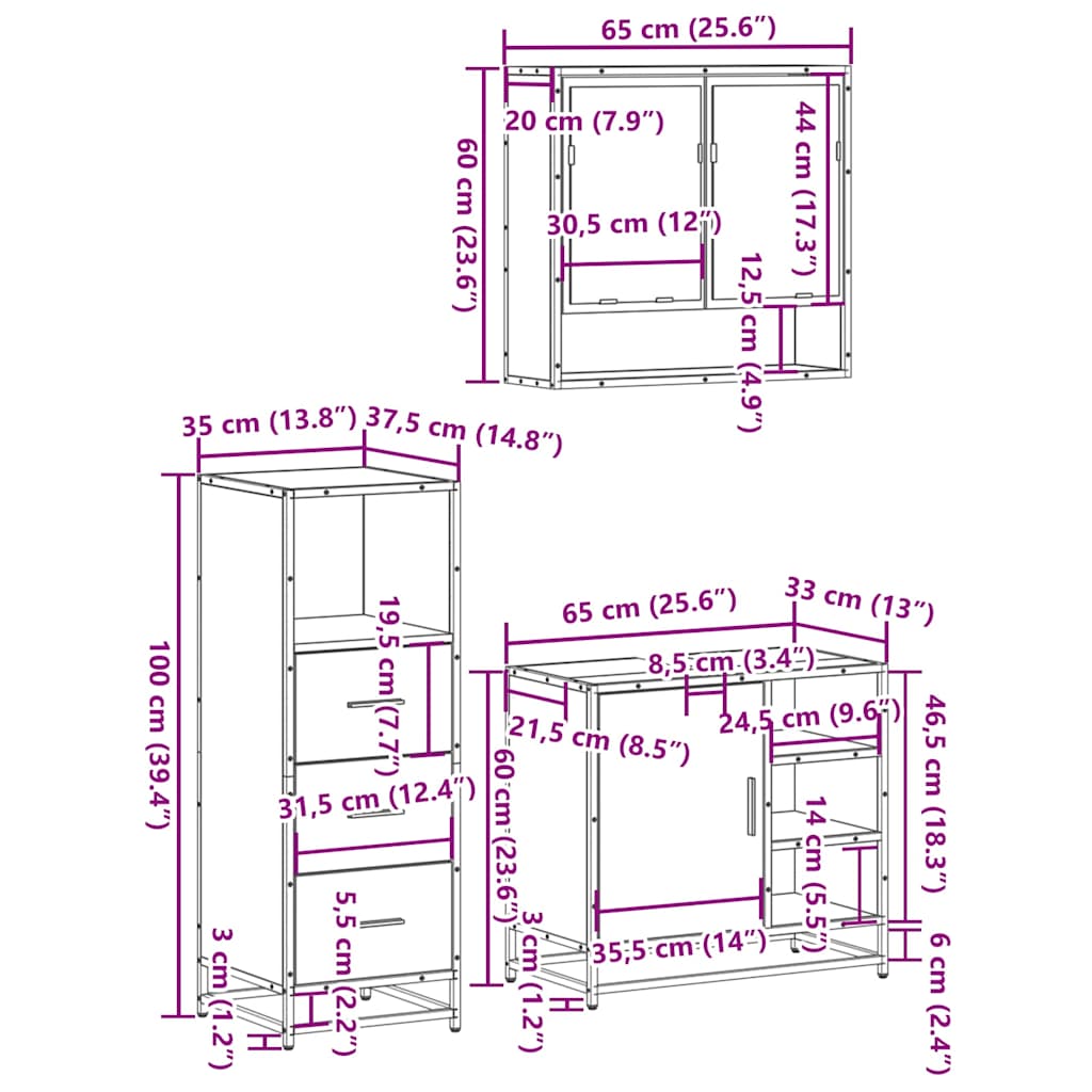 3-tlg. Badmöbel-Set Schwarz Holzwerkstoff