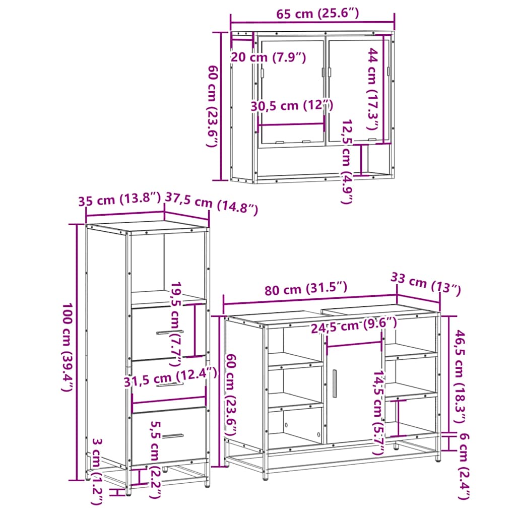 3-tlg. Badmöbel-Set Räuchereiche Holzwerkstoff