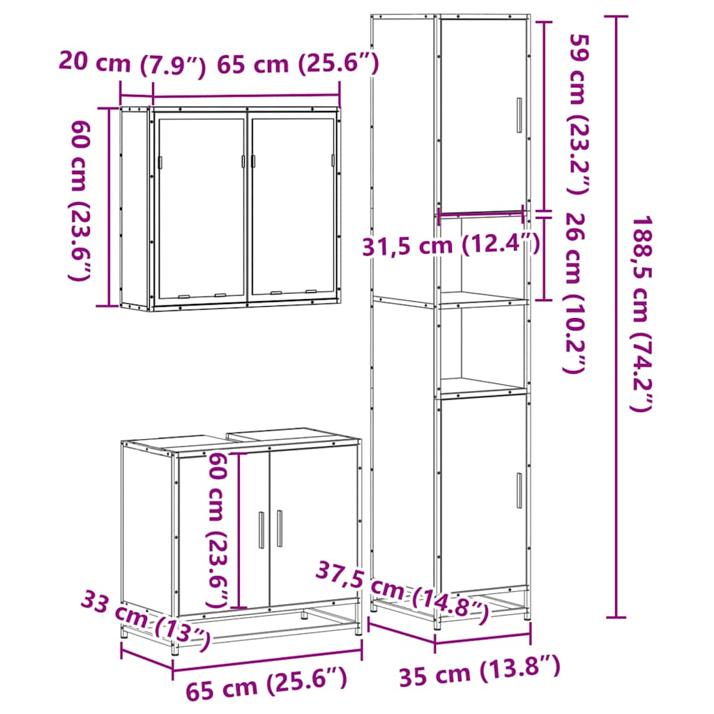 3-tlg. Badmöbel-Set Schwarz Holzwerkstoff