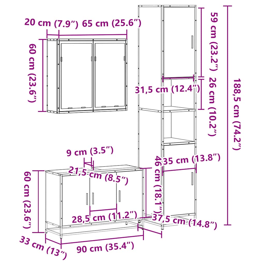 3-tlg. Badmöbel-Set Schwarz Holzwerkstoff