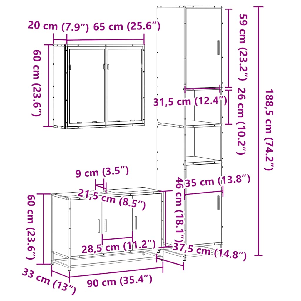 3-tlg. Badmöbel-Set Sonoma-Eiche Holzwerkstoff