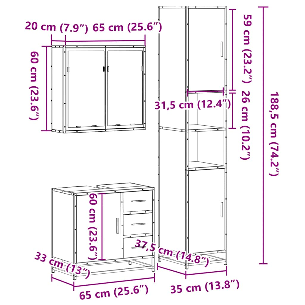 3-tlg. Badmöbel-Set Räuchereiche Holzwerkstoff