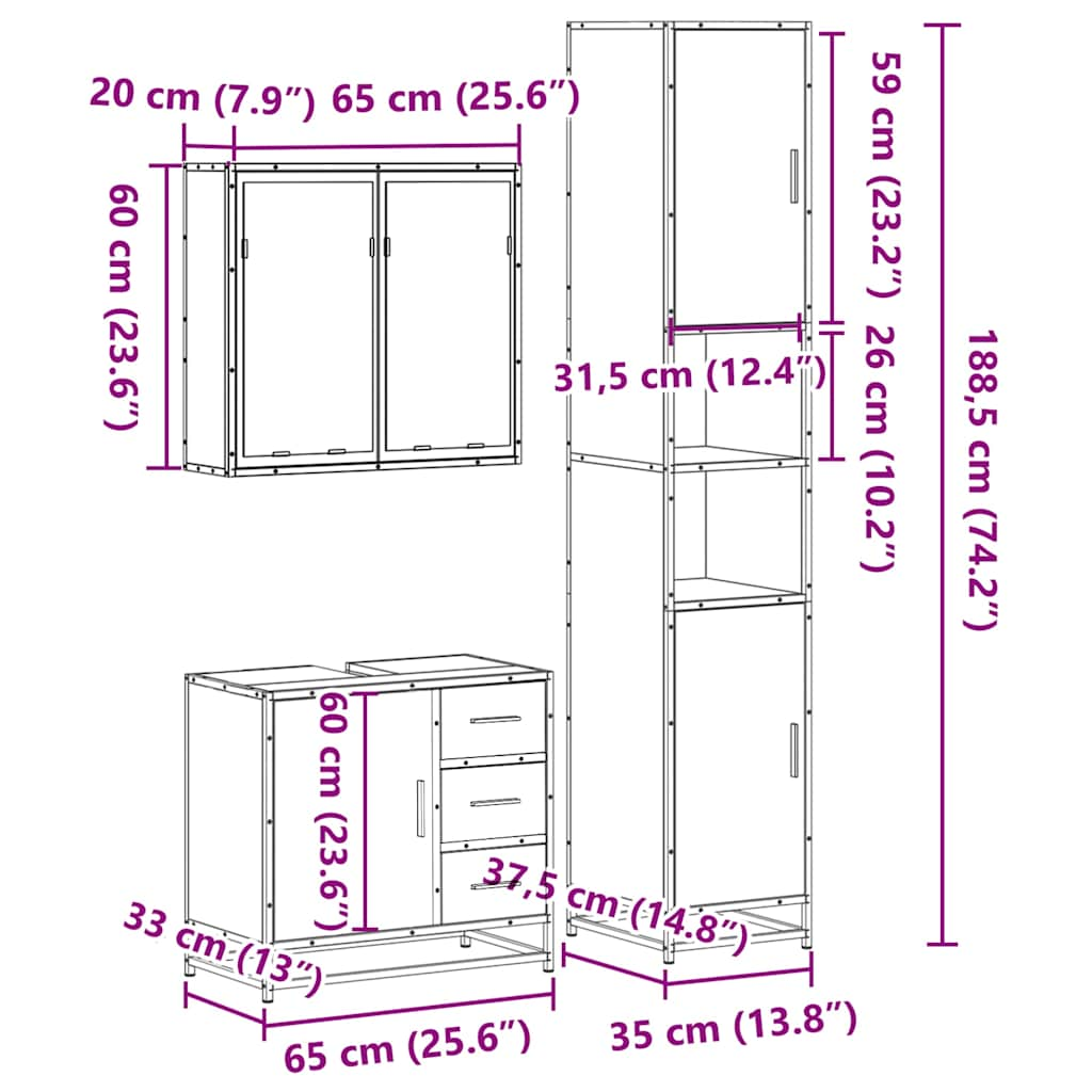 3-tlg. Badmöbel-Set Braun Eichen-Optik Holzwerkstoff