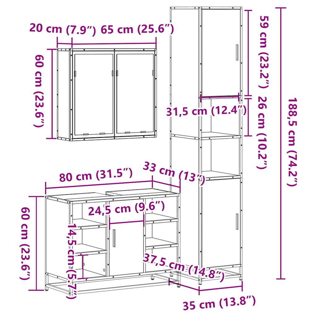 3-tlg. Badmöbel-Set Sonoma-Eiche Holzwerkstoff