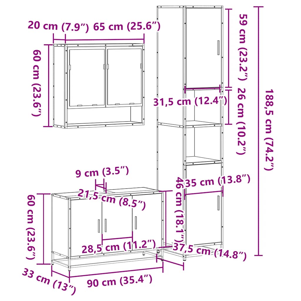 3-tlg. Badmöbel-Set Schwarz Holzwerkstoff