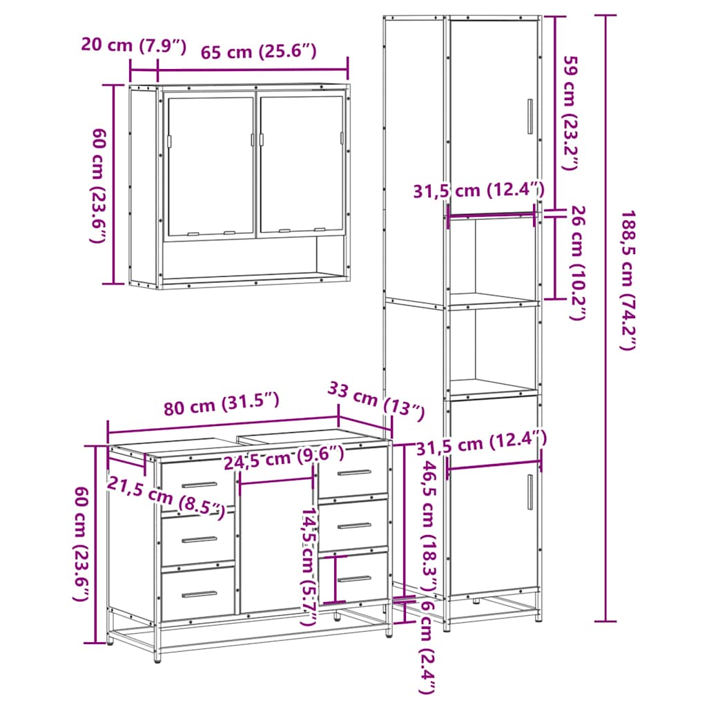 3-tlg. Badmöbel-Set Schwarz Holzwerkstoff