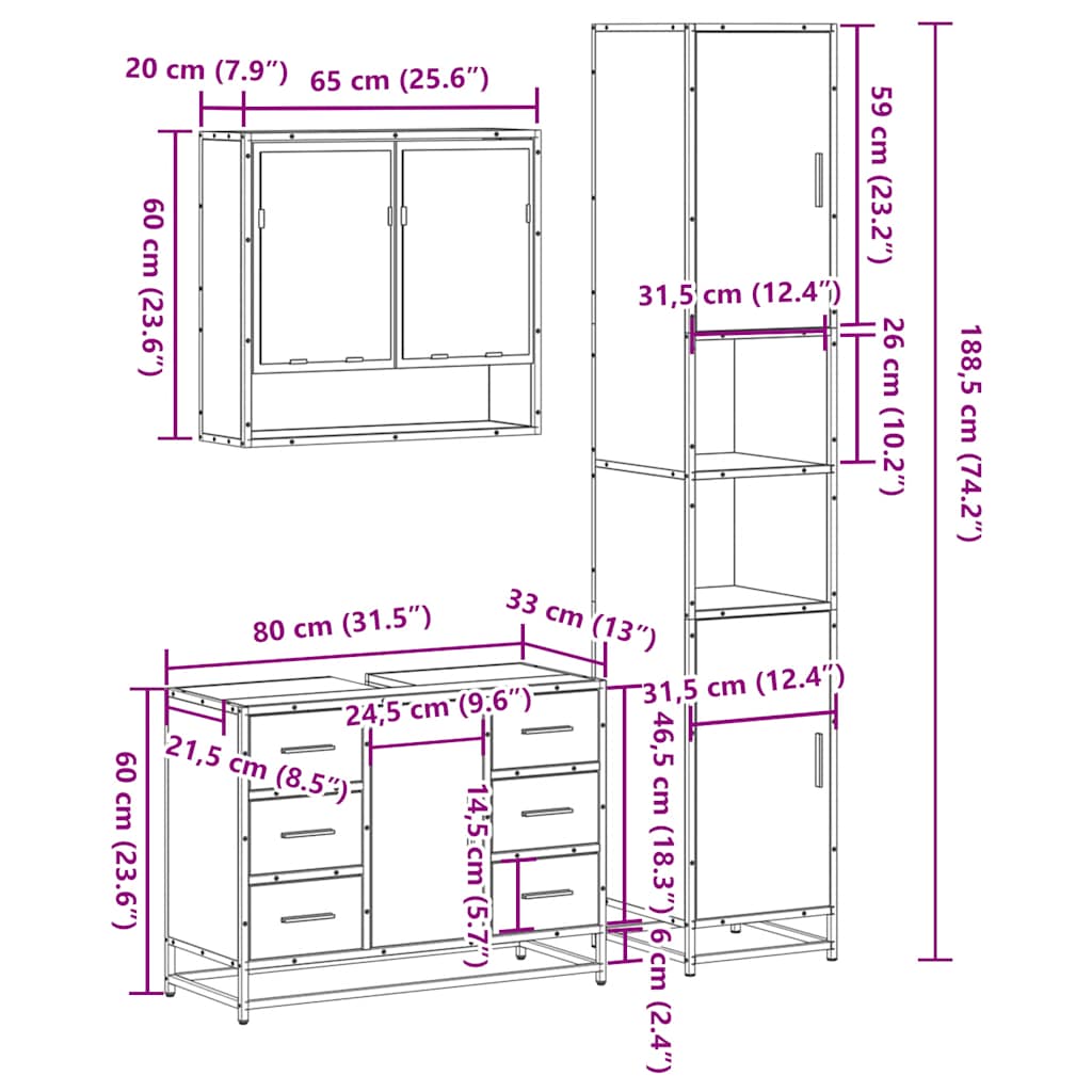 3-tlg. Badmöbel-Set Räuchereiche Holzwerkstoff