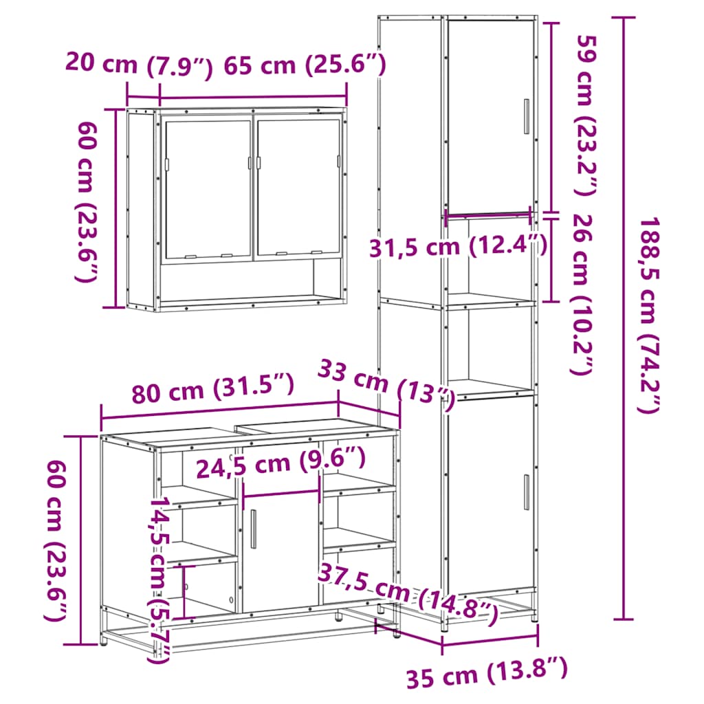 3-tlg. Badmöbel-Set Sonoma-Eiche Holzwerkstoff