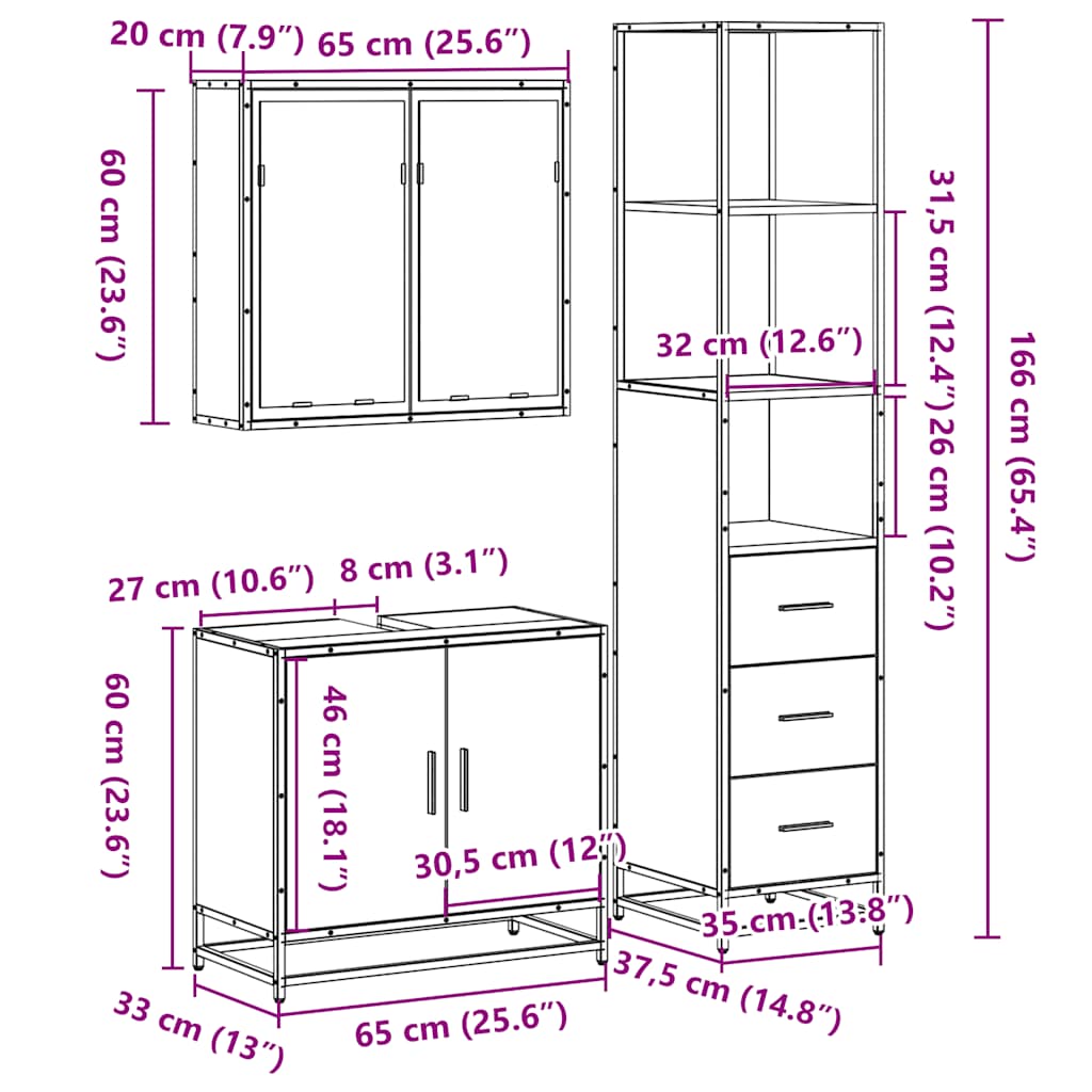 3-tlg. Badmöbel-Set Räuchereiche Holzwerkstoff