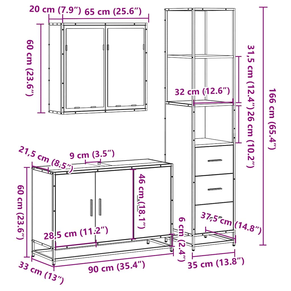 3-tlg. Badmöbel-Set Schwarz Holzwerkstoff