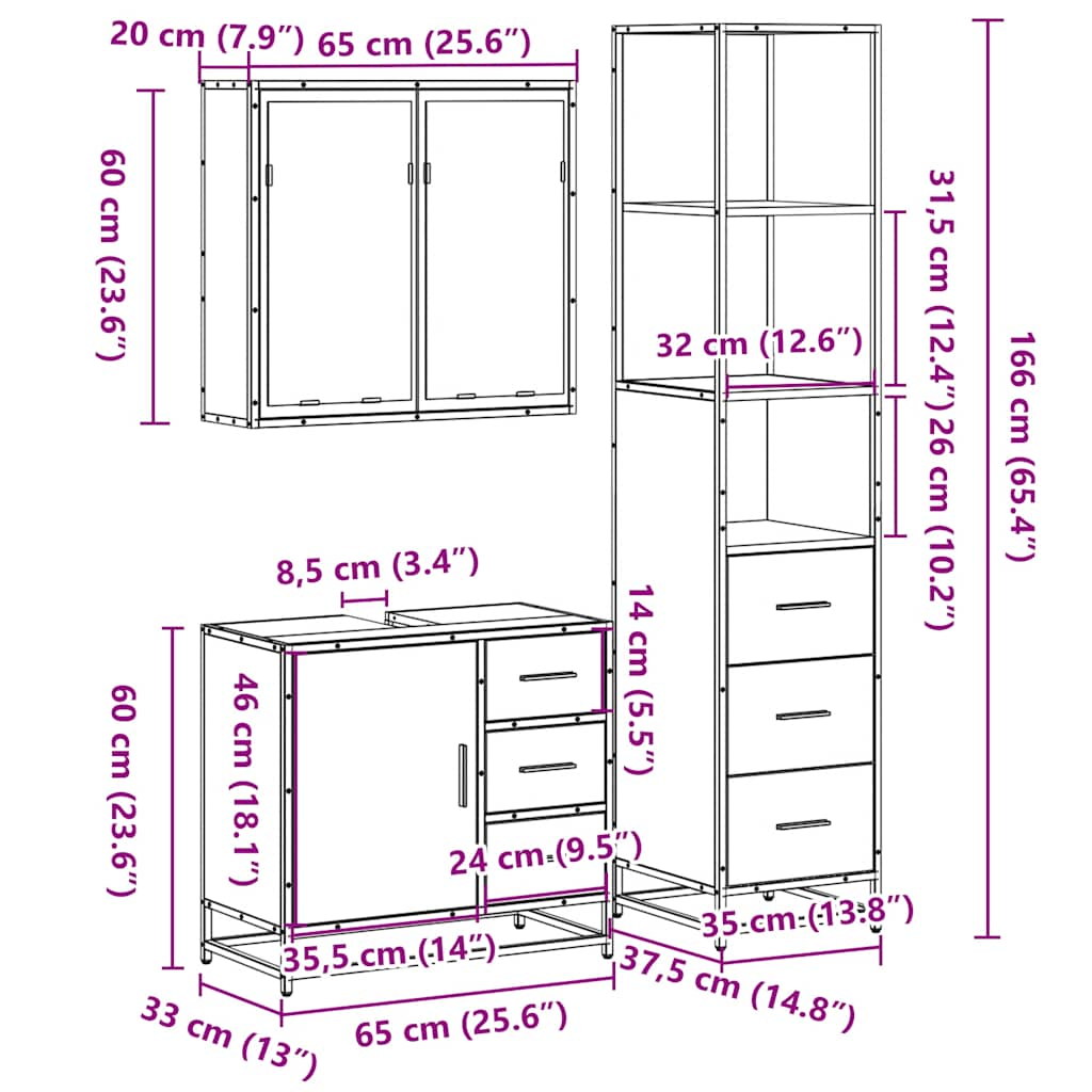 3-tlg. Badmöbel-Set Schwarz Holzwerkstoff