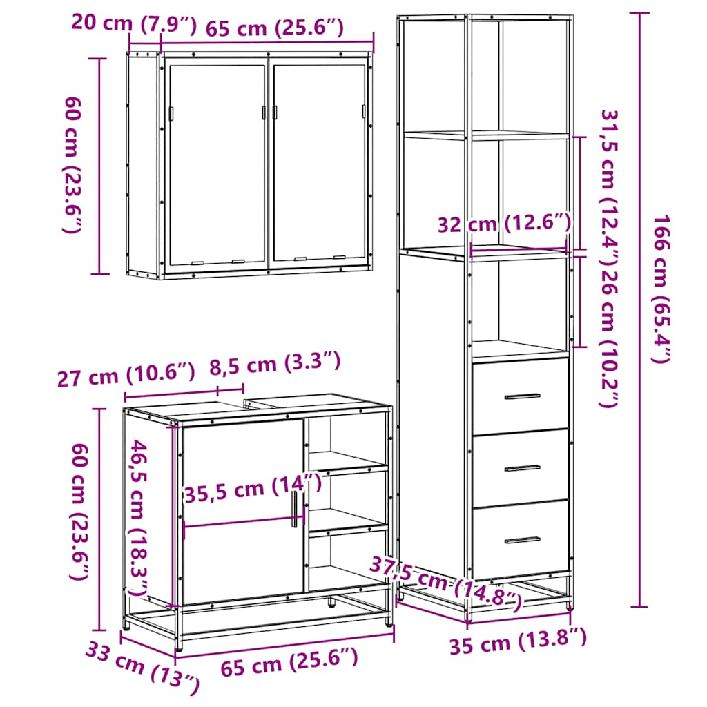 3-tlg. Badmöbel-Set Schwarz Holzwerkstoff