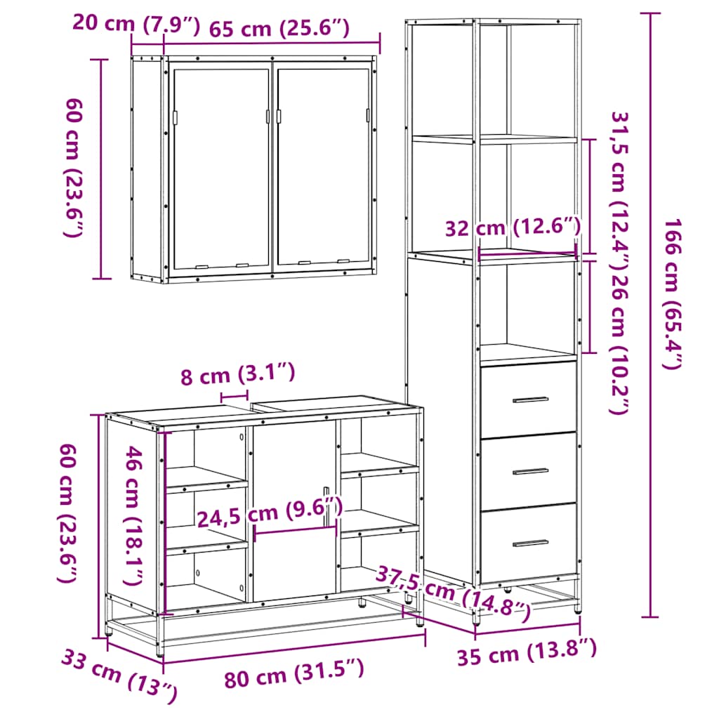 3-tlg. Badmöbel-Set Schwarz Holzwerkstoff