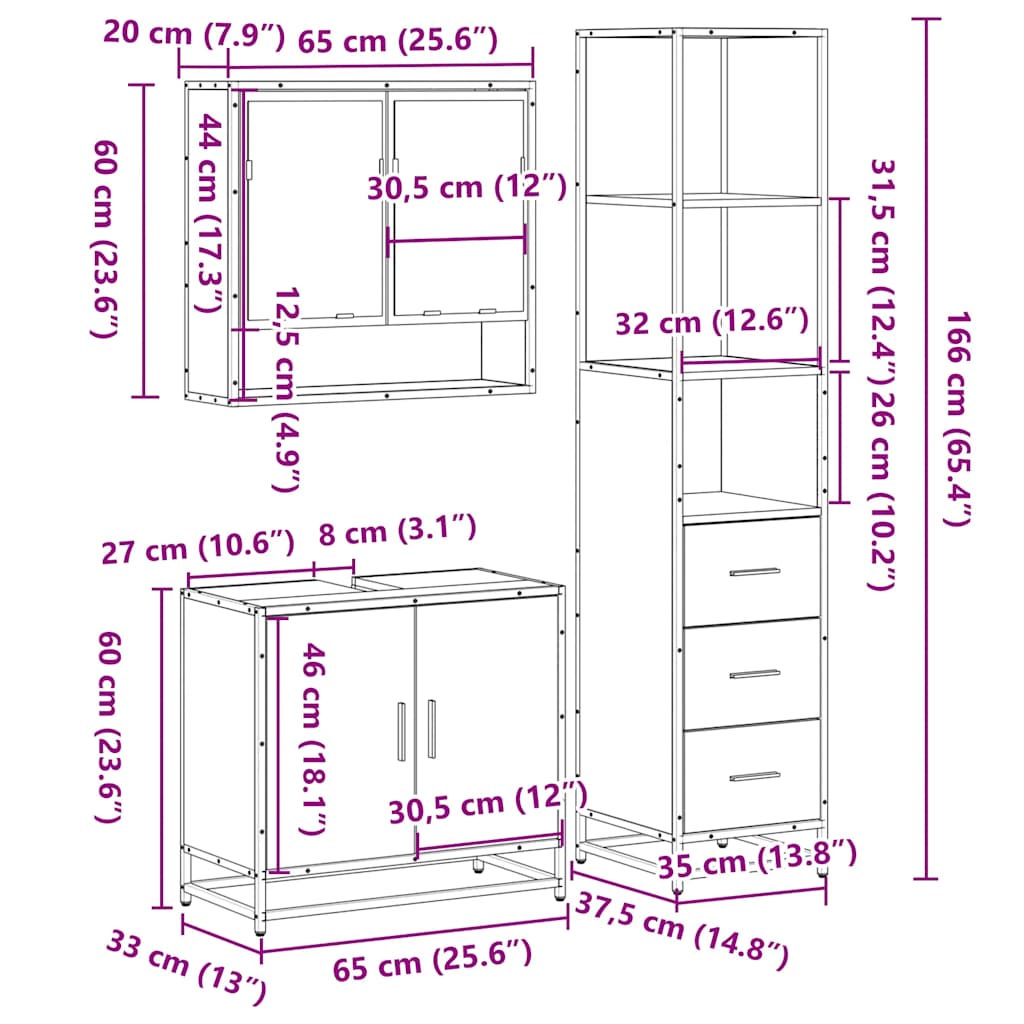 3-tlg. Badmöbel-Set Grau Sonoma Holzwerkstoff