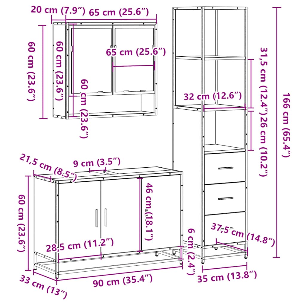 3-tlg. Badmöbel-Set Sonoma-Eiche Holzwerkstoff