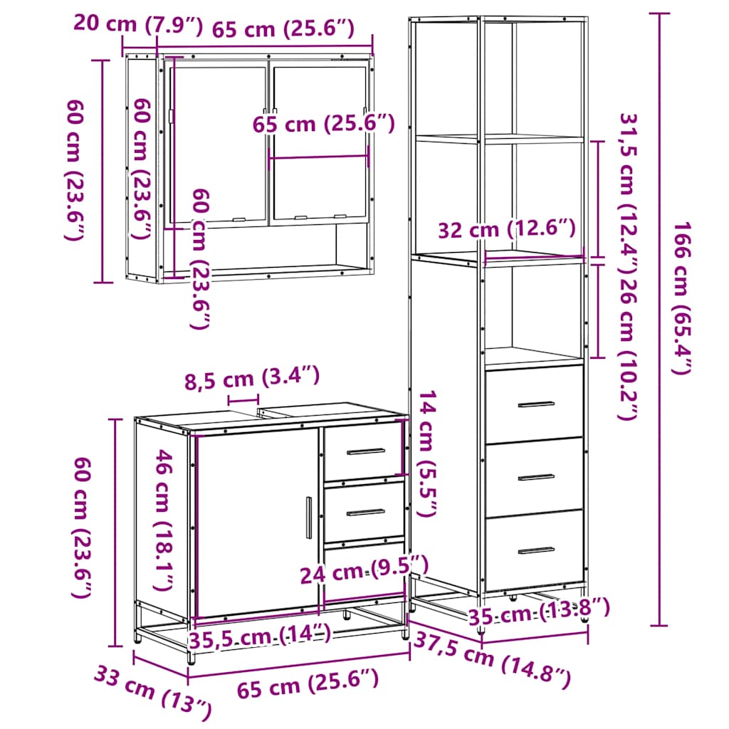 3-tlg. Badmöbel-Set Sonoma-Eiche Holzwerkstoff