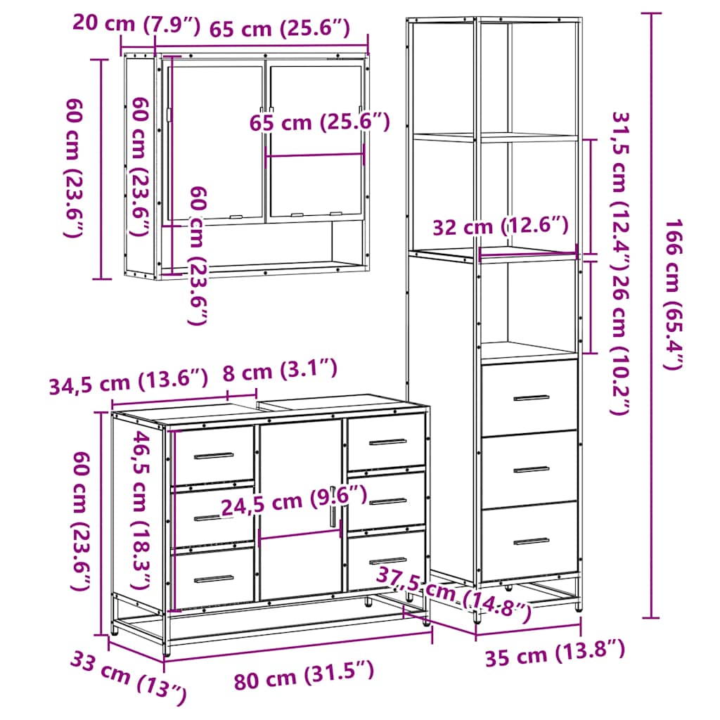 3-tlg. Badmöbel-Set Grau Sonoma Holzwerkstoff