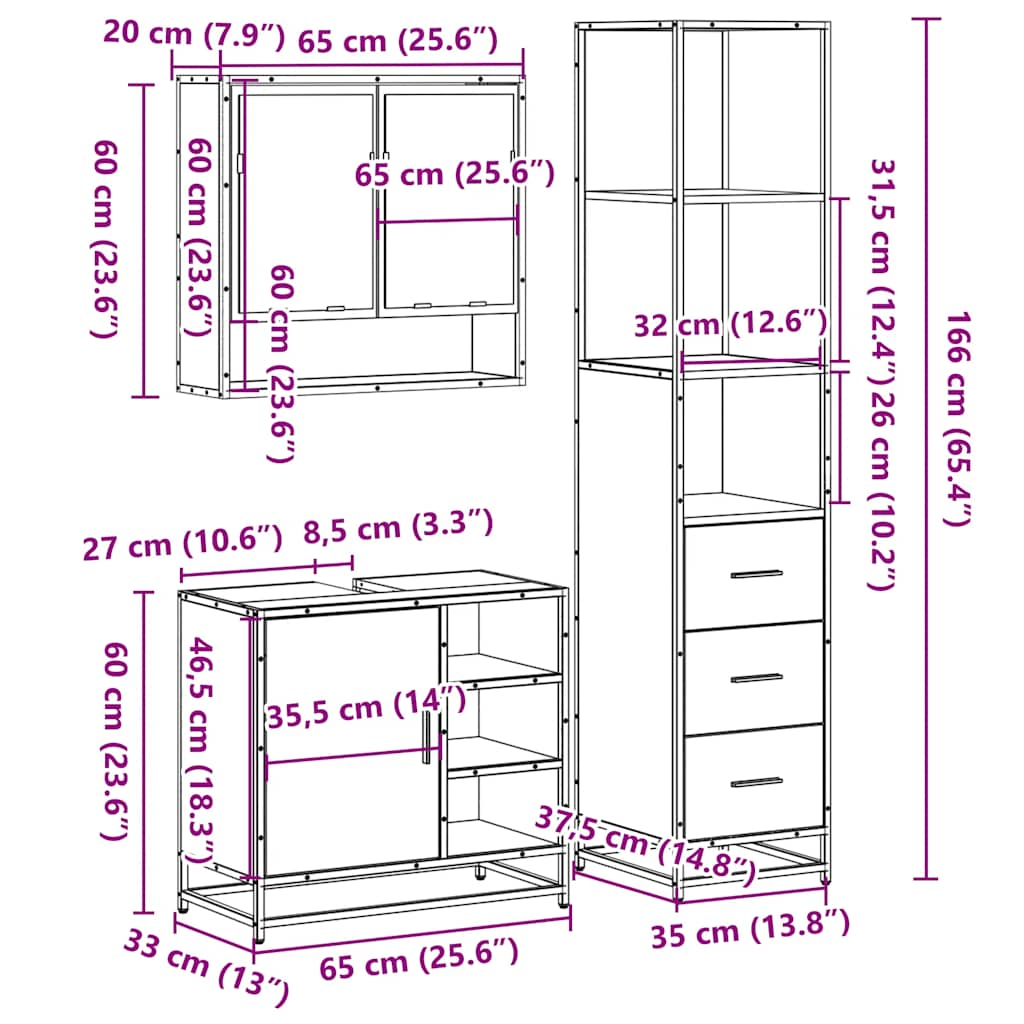 3-tlg. Badmöbel-Set Räuchereiche Holzwerkstoff