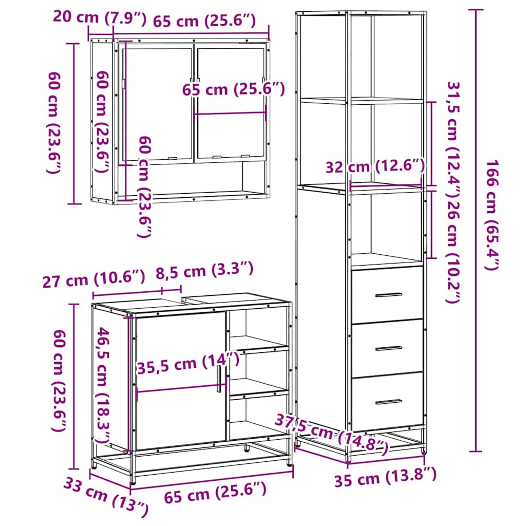 3-tlg. Badmöbel-Set Grau Sonoma Holzwerkstoff