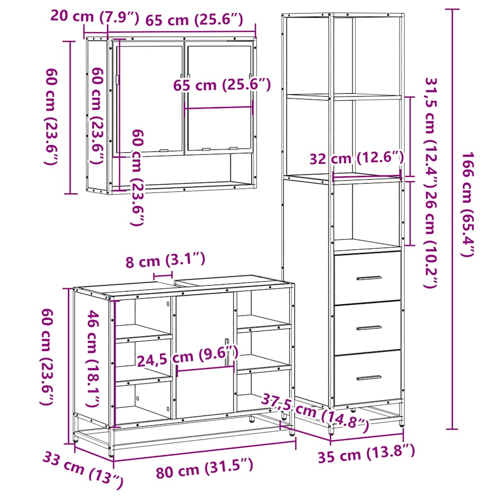 3-tlg. Badmöbel-Set Schwarz Holzwerkstoff