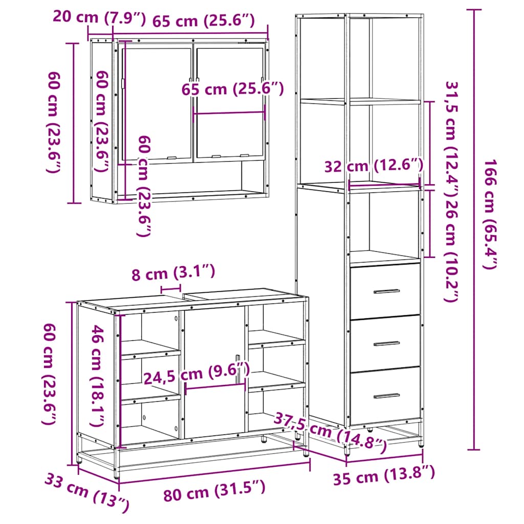 3-tlg. Badmöbel-Set Sonoma-Eiche Holzwerkstoff