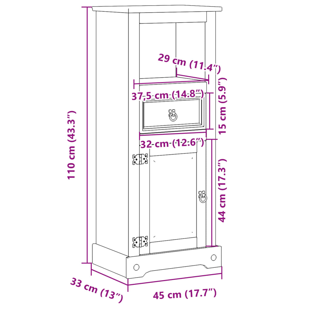 Bathroom cabinet Corona 45x33x110 cm solid pine wood