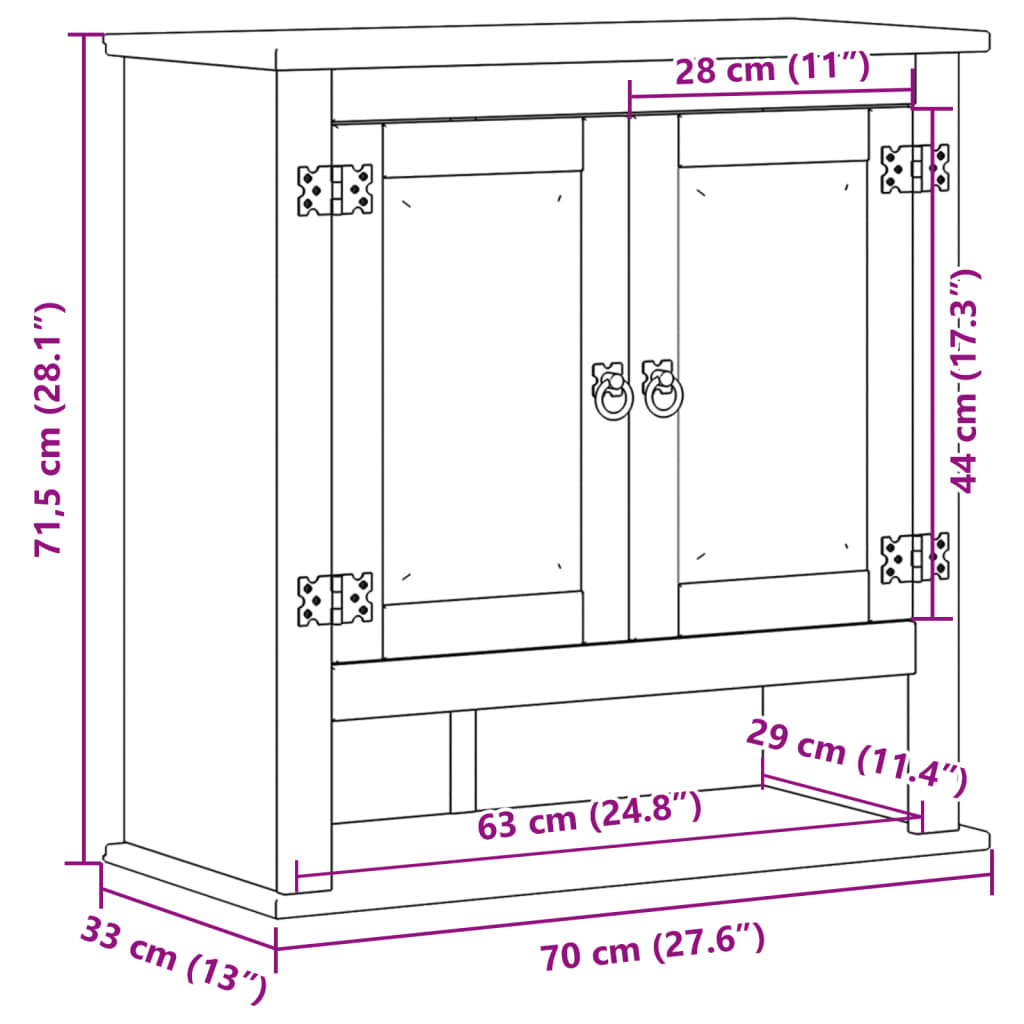 Bathroom wall cabinet Corona 70x33x71.5 cm solid pine