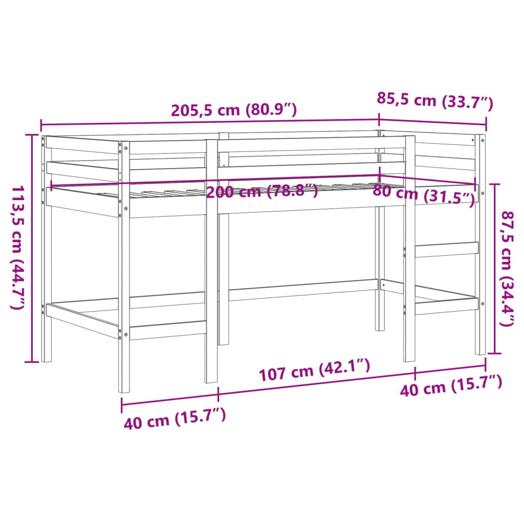 Children's loft bed with ladder wax brown 80x200cm solid pine wood