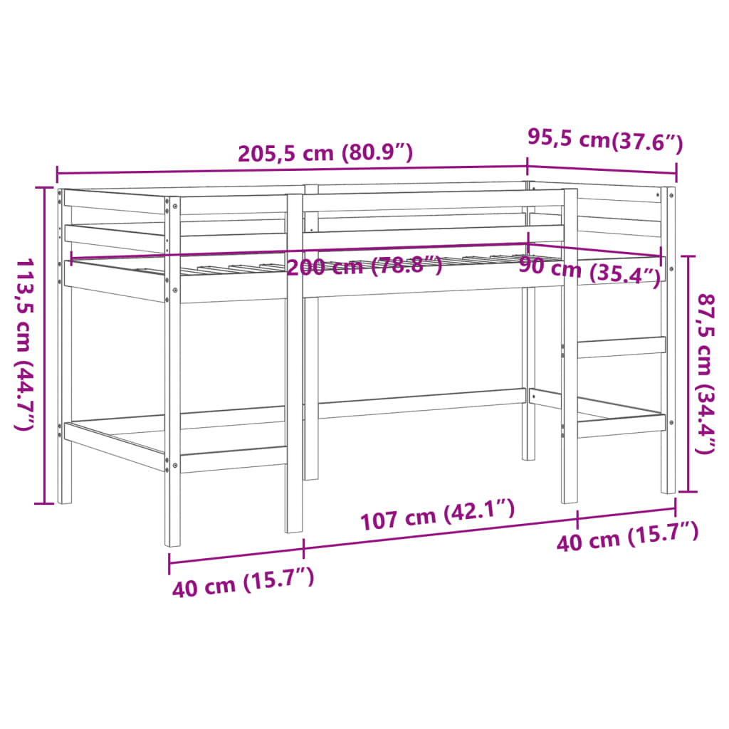 Children's loft bed with ladder wax brown 90x200cm solid pine wood