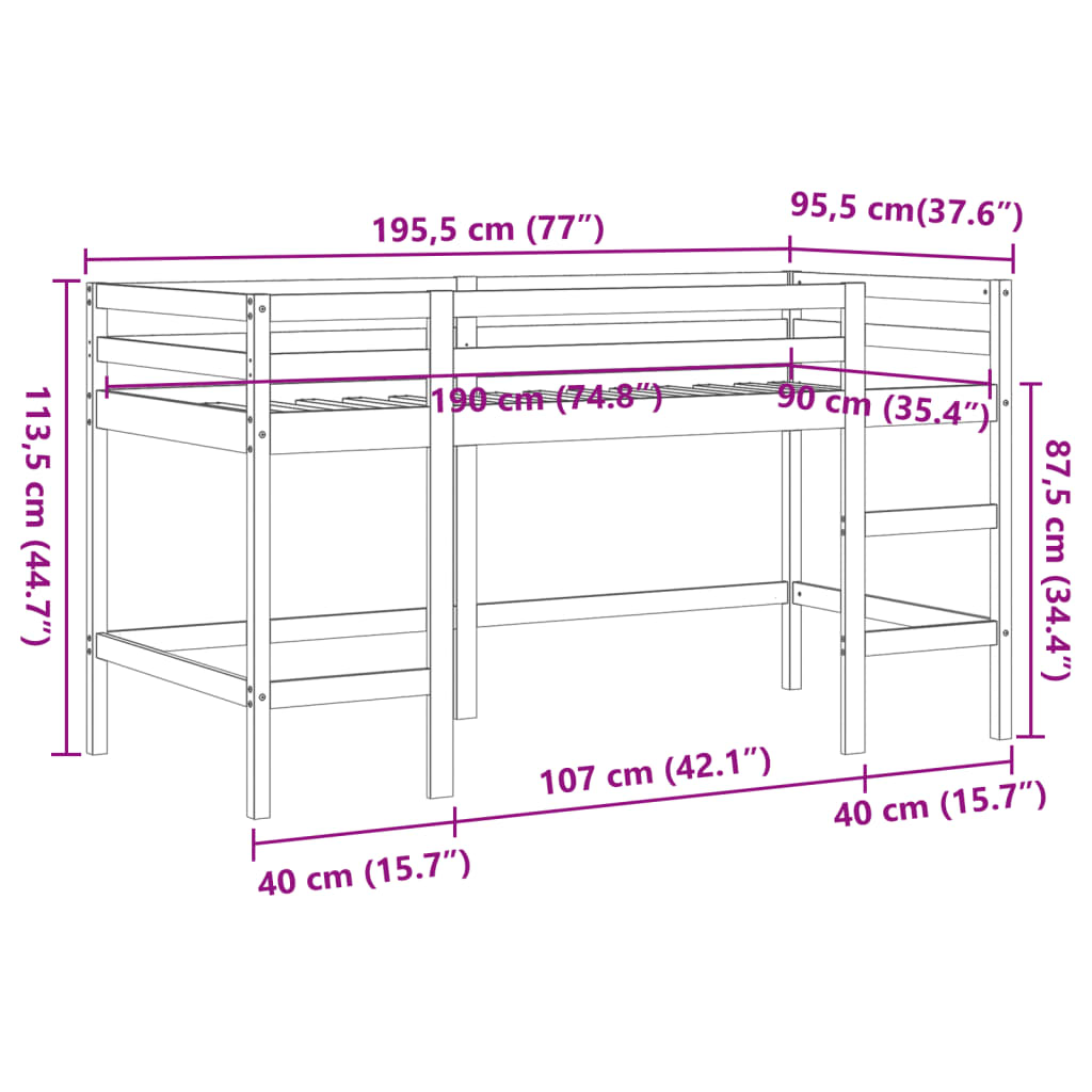 Kinderhochbett mit Leiter Wachsbraun 90x190cm Massivholz Kiefer