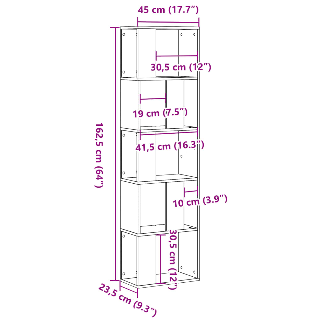 Bookcase 5 Shelves Concrete Grey 45x23.5x162.5 cm Wood Material