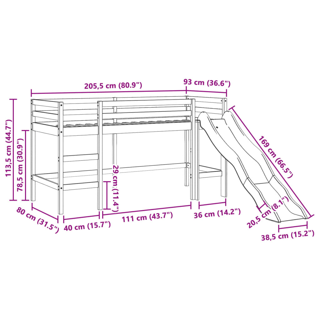 Children's loft bed without mattress 80x200 cm solid pine wood