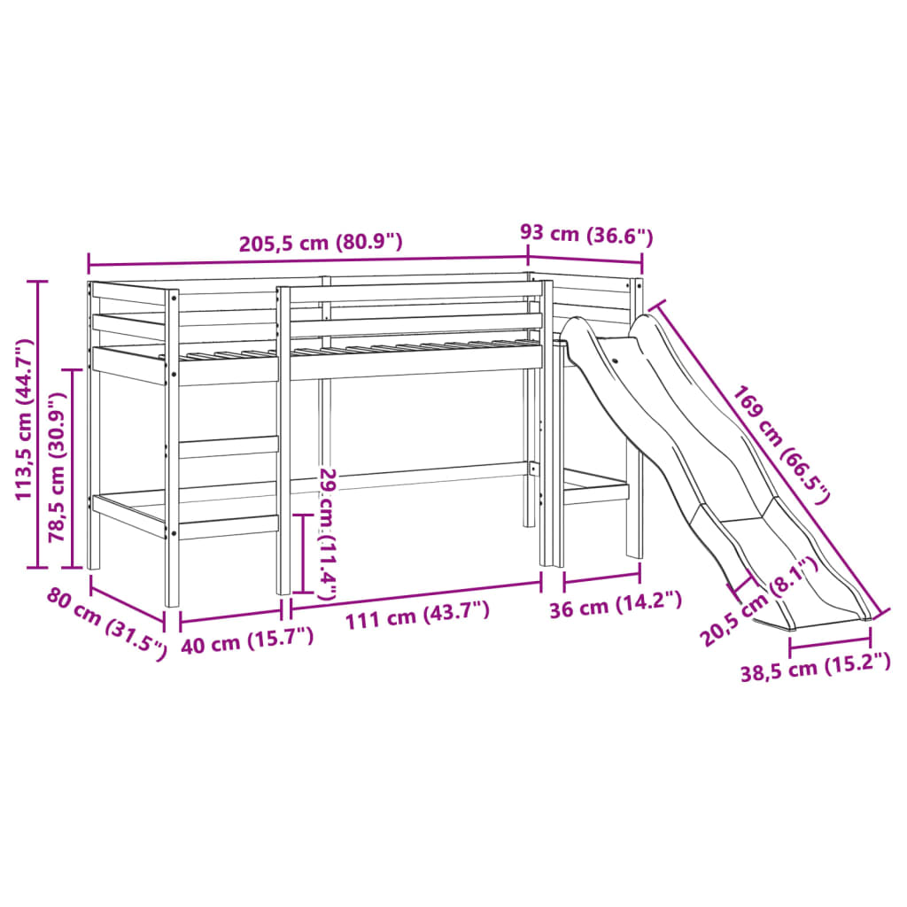 Children's loft bed without mattress brown 80x200 cm solid pine wood