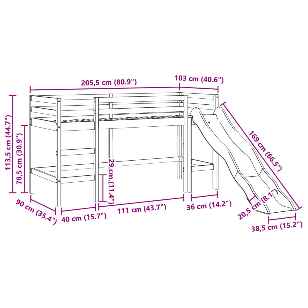 Children's loft bed without mattress 90x200 cm solid pine wood