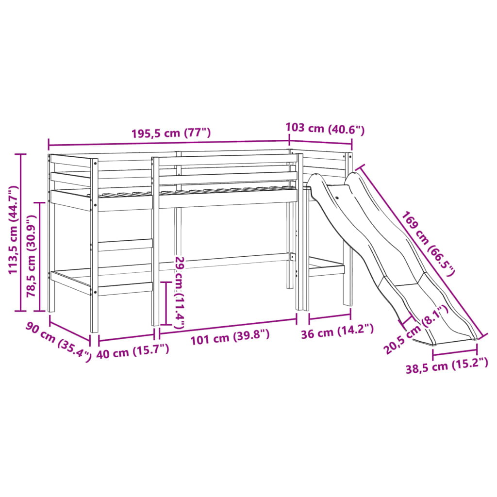 Children's loft bed without mattress 90x190 cm solid pine wood