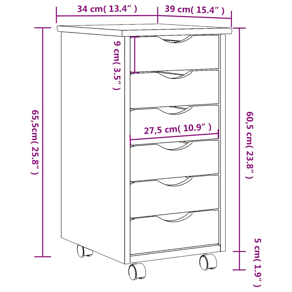 Rolling Cabinet with Drawers MOSS Honey Brown Solid Pine