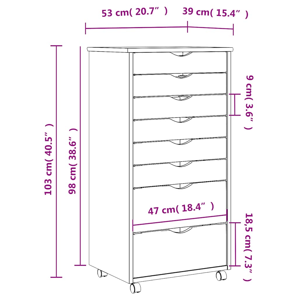 Rolling Cabinet with Drawers MOSS Black Solid Pine