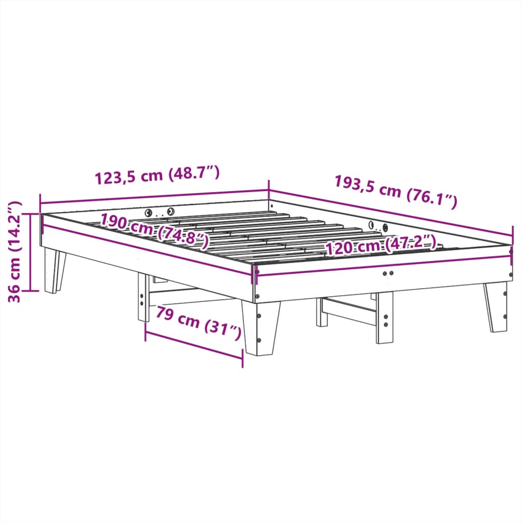 Solid wood bed without mattress 120x190 cm pinewood