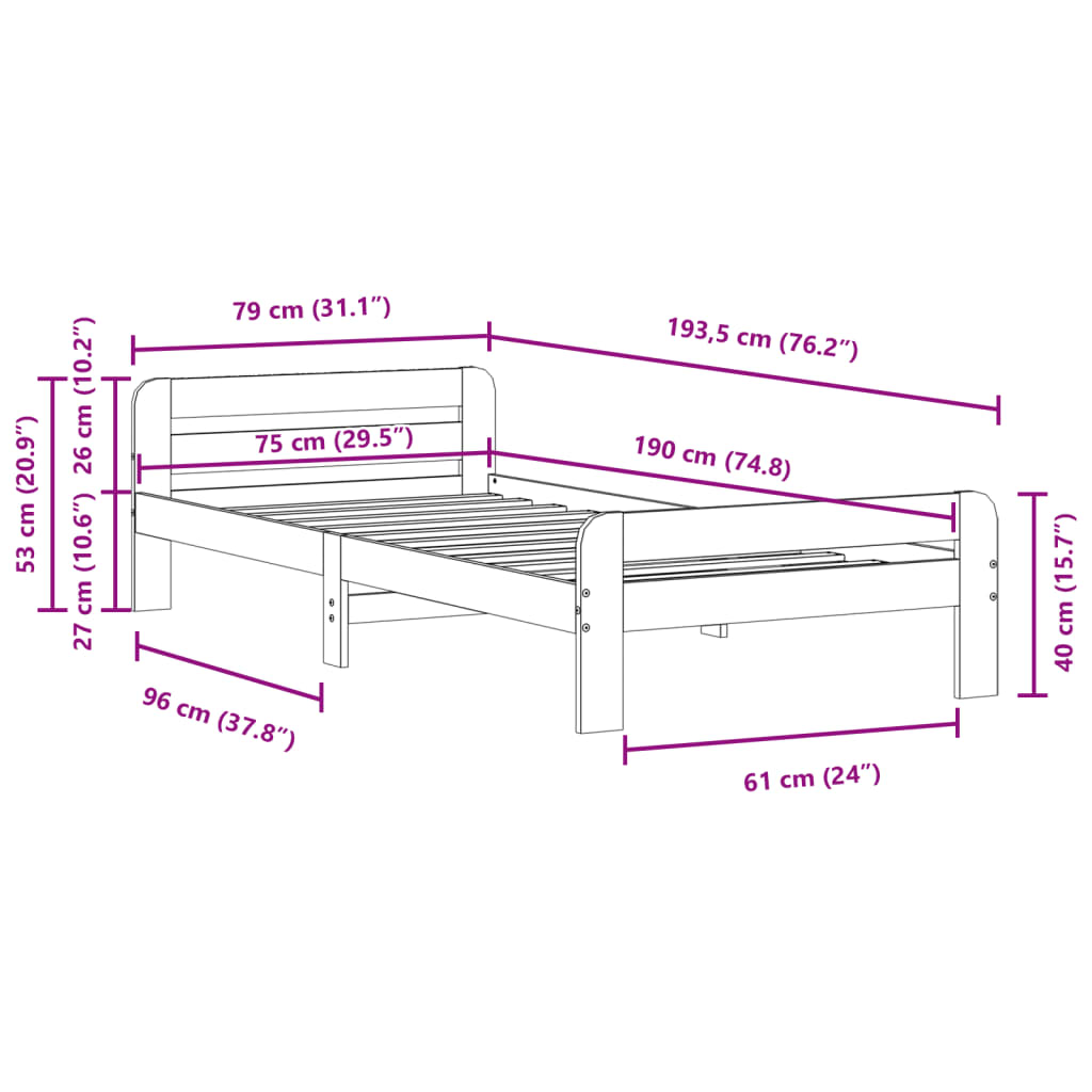 Solid wood bed without mattress 75x190 cm pinewood