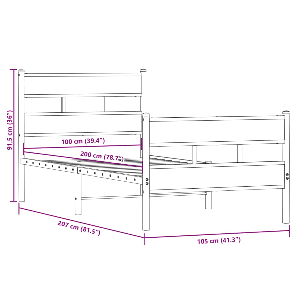 Metal bed without mattress Sonoma oak 100x200 cm